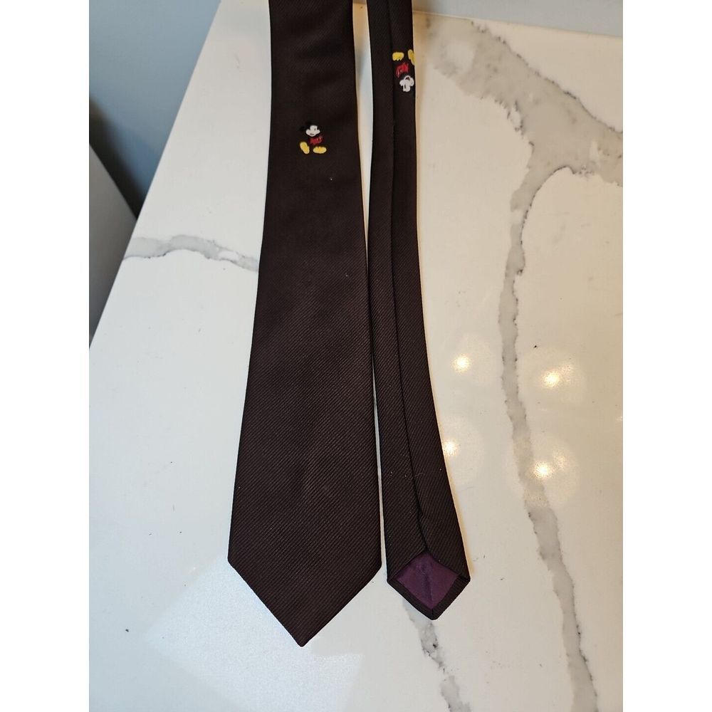 Cervantes Mickey Mouse‎ Tie Brown Solid Walt Disney Company Embroidered Vtg
